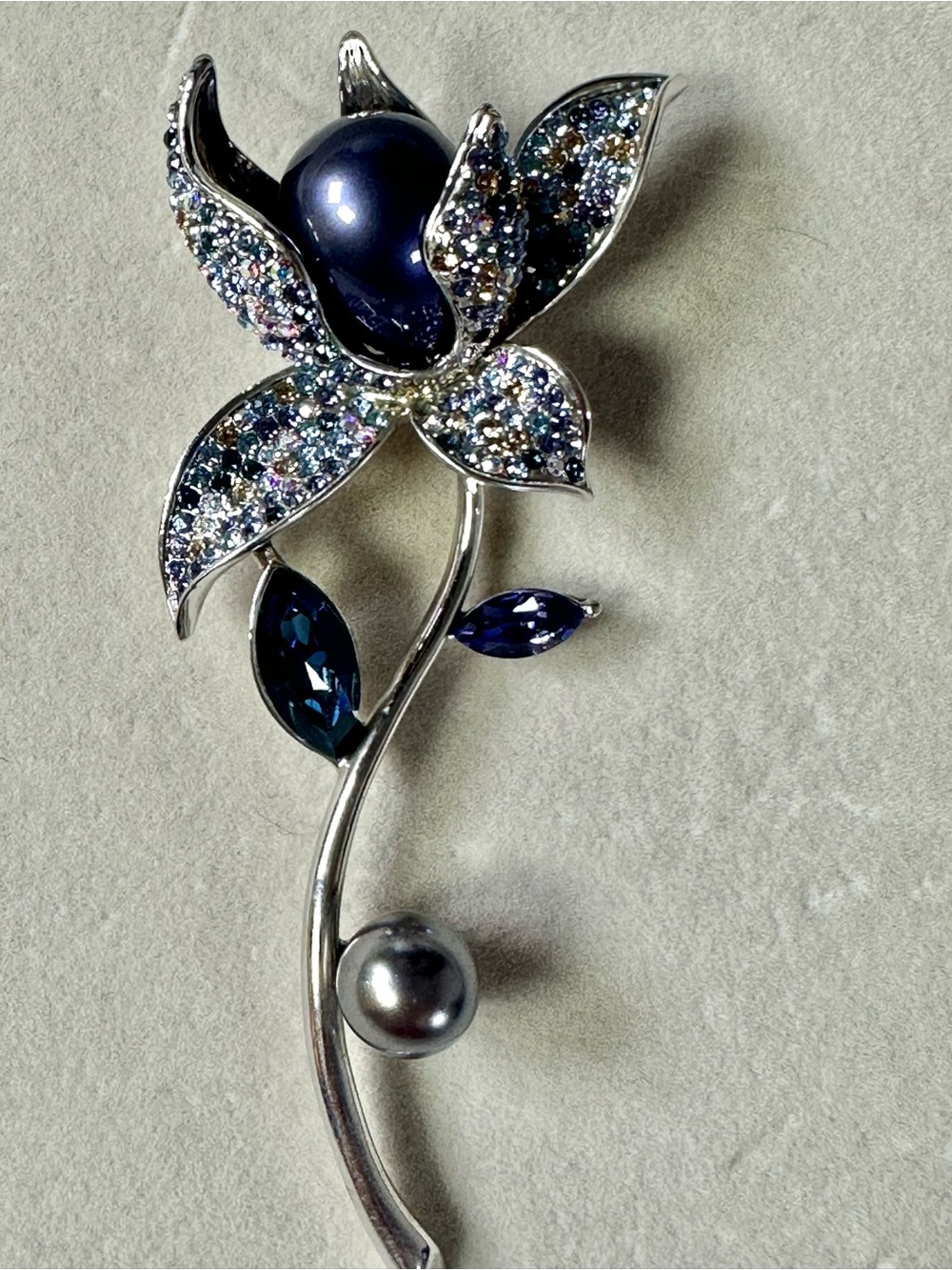 4” Silver-Tone Blue Crystal Flower Brooch with Dark Blue Pearls